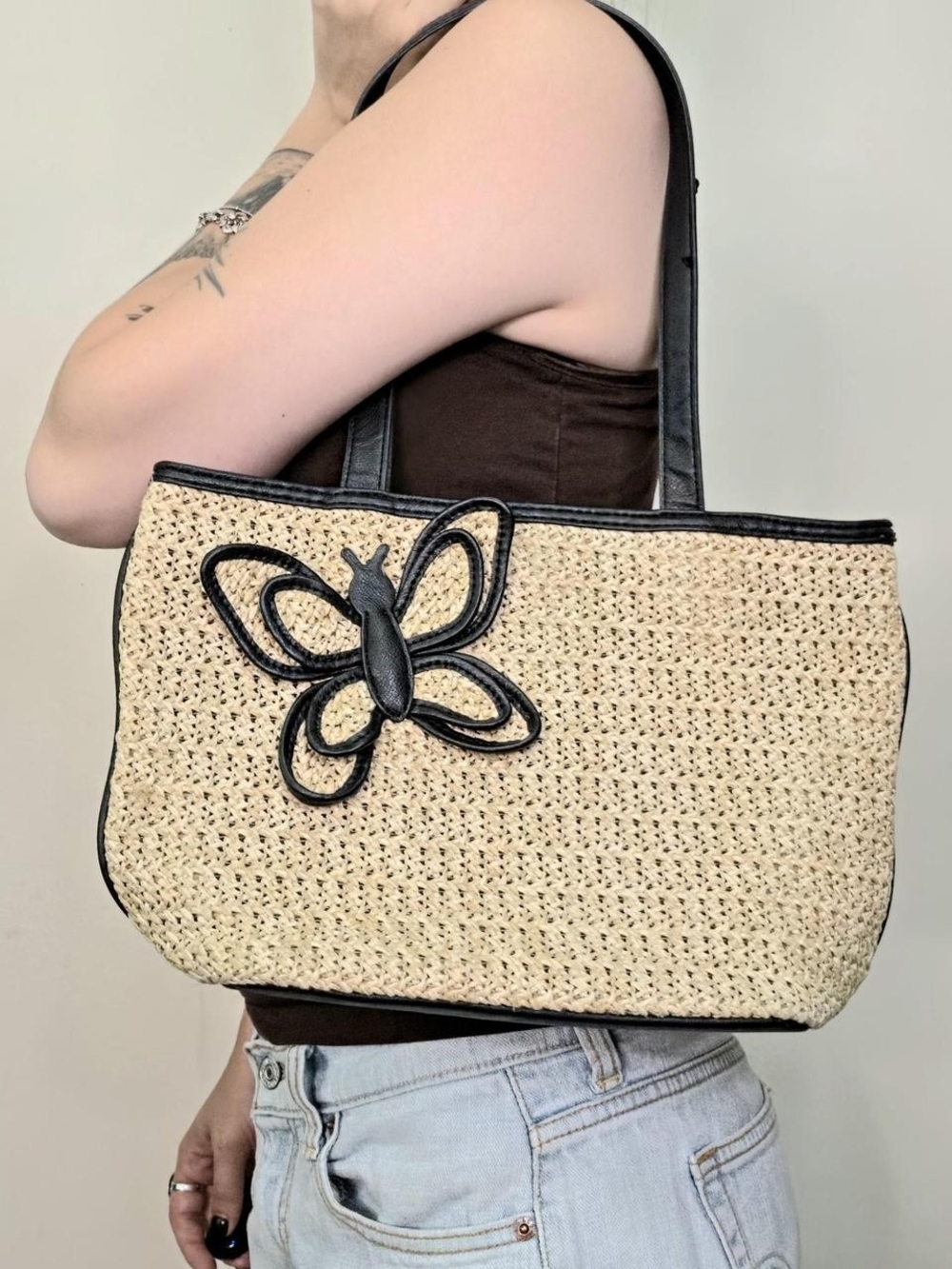 Vintage butterfly woven tote bag purse